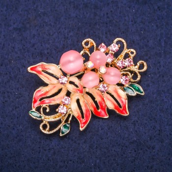 Flower Brooch in Pink Rhinestones with Enamel and Cat's Eye, Gold-Toned Metal 36x45mm