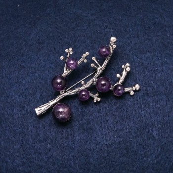 Brooch with natural amethyst stone, 58x45 mm, purple color, silver metal