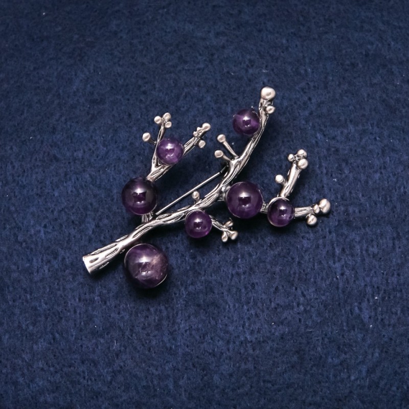 Brooch with natural amethyst stone, 58x45 mm, purple color, silver metal