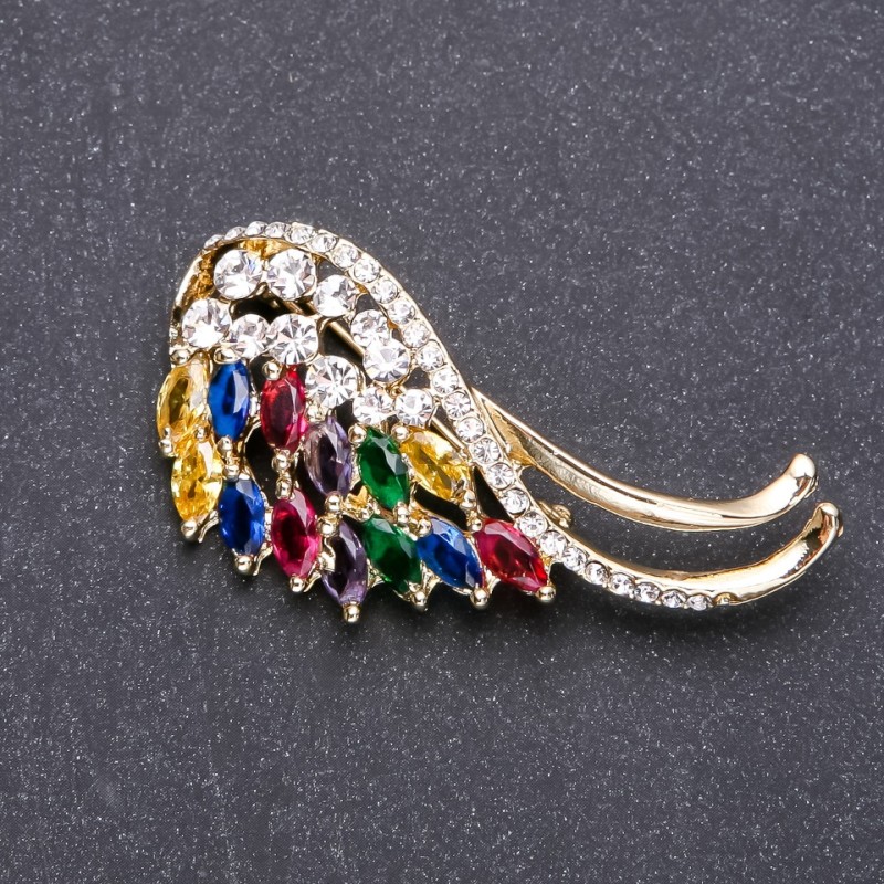 Brooch with multicolored rhinestones, 55×25 mm, yellow metal
