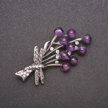 Brooch with natural amethyst, 'Bouquet with a Butterfly', gray metal finish, 60×30 mm