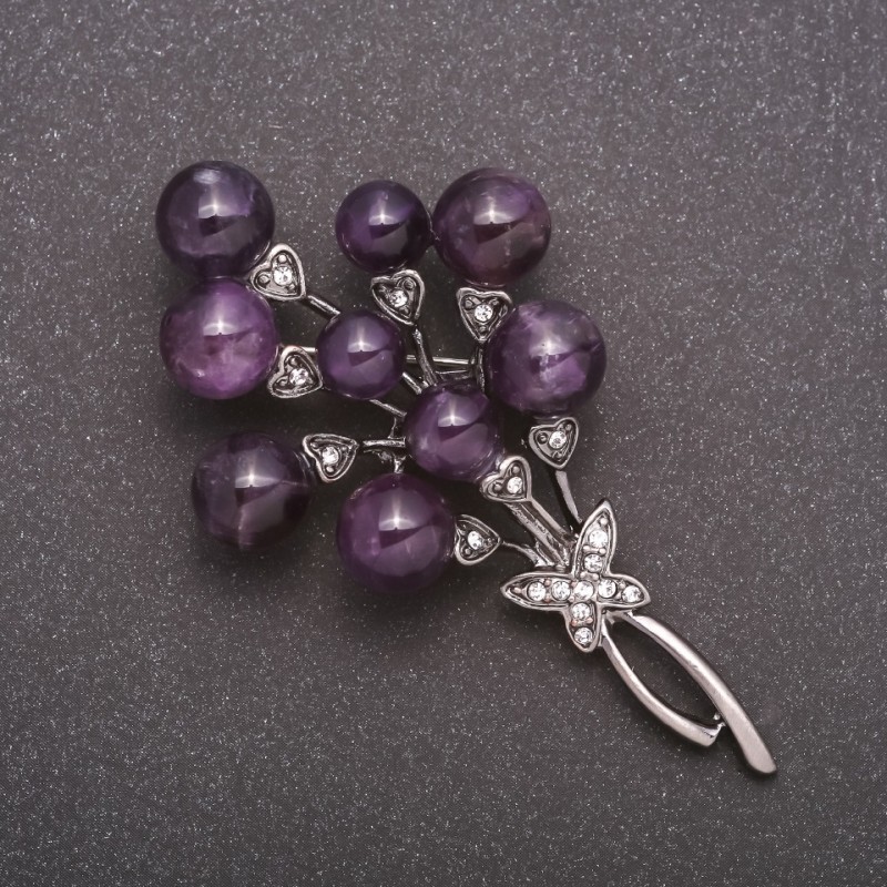 Brooch with natural amethyst, 'Bouquet with a Butterfly', metal color gray, 71 x 37 mm