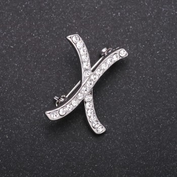 Initial X Brooch with White Crystals, Gray Metal Finish, 27x21 mm