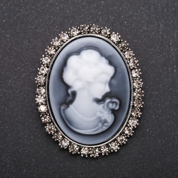 Cameo Brooch with Crystals, Satin Finish, Gray Metal, 50x40 mm