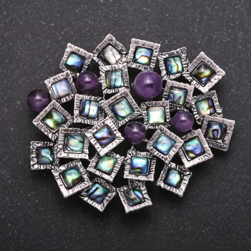 Brooch-pendant of the 'Accent' series with Halite and Amethyst, metal color 57×49 mm