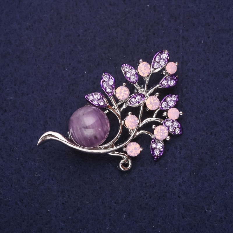Brooch Twig with Amethyst Stone, rhinestones, lavender pink color, 48x30 mm, silver-tone metal