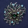 Large Accent Brooch with Crystals and Stone, Blue and Sea-Green Color, 44x42 mm, Silver Metal