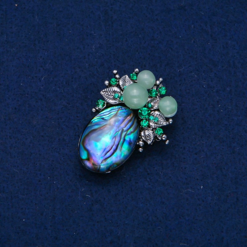 Accent Brooch 42x30 mm, crystals, Haliotis cabochon with beads and crystals, silver-toned metal