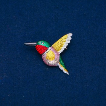 Brooch 'Bird with Enamel' with green and red crystals, golden metal 37×44 mm +