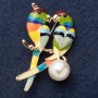 Brooch "Jamaican Parakeets" 5x3 cm colored enamel, yellow metal