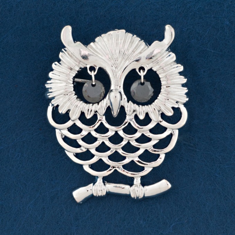 Lace Owl Brooch, Gray Metal, 40×32 mm