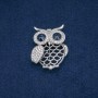Owl Brooch with White Rhinestones, Blue Crystals, Silver Metal 43×35 mm +