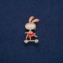 Brooch 'Bunny on a Scooter' with white crystals, gold-tone metal, red enamel, Cat's Eye cabochon (bijou) 43x21mm +