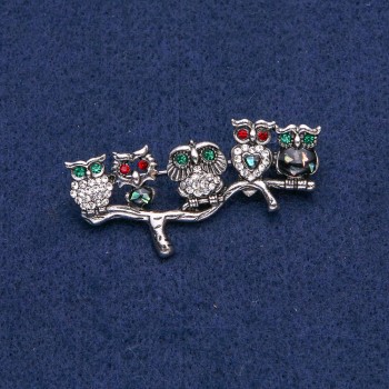 Owl Brooch with Silvery Metal and White, Red, and Green Rhinestones and Chalcedony 52x33mm +