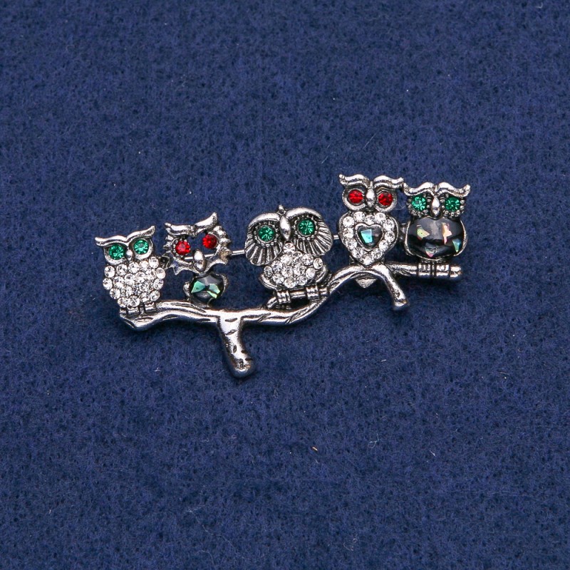 Owl Brooch with Silvery Metal and White, Red, and Green Rhinestones and Chalcedony 52x33mm +
