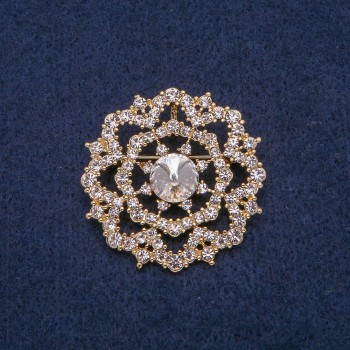 Gold-tone metal brooch with white rhinestones 40x40 mm