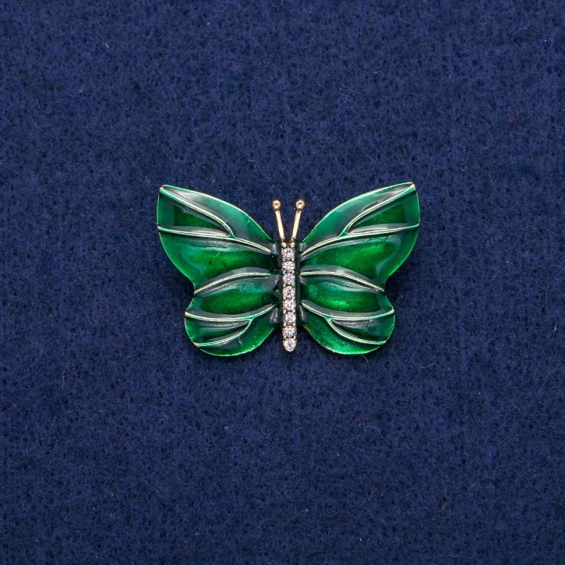 Brooch Butterfly with Green Enamel and Crystals, 22×33 mm, Golden Metal