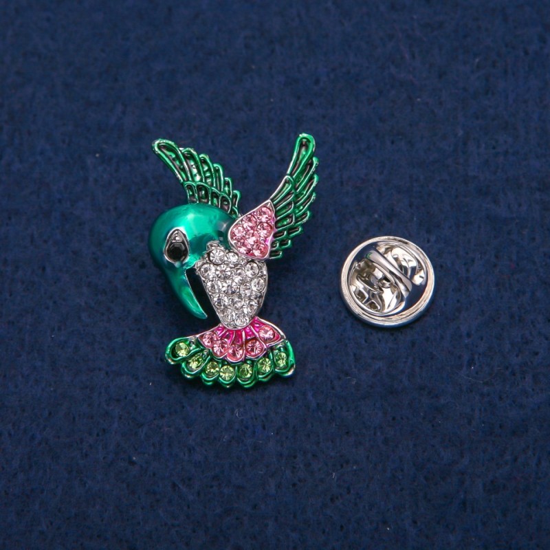Hummingbird Brooch with colored enamel and crystals, silver-tone metal 23x31 mm