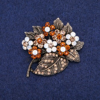 Brooch: Branch with Flowers and Crystals, Gold-tone Metal 43×50 mm