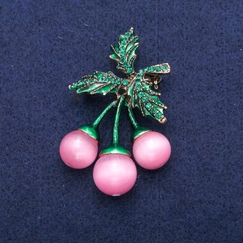 Brooch-Pendant 'Cherries' with pink cat's eye beads and green enamel, 35×60 mm
