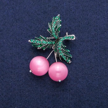 Cherry Pendant with Beads, Pink Cat's Eye, Green Enamel, and Rhinestones, Silver-Toned Metal 33x48mm