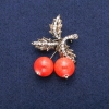 Brooch Pendant 'Cherries' with heliolite beads (synthetic) and rhinestones, golden metal 33x48mm