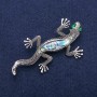 Lizard Brooch with Abalone Pearl and Green Crystals, Silver Metal 34x67mm