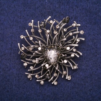 Accent Brooch with Rhinestones and Stone, Color Gray, Black and White, 44x47 mm, Silver-Colored Metal