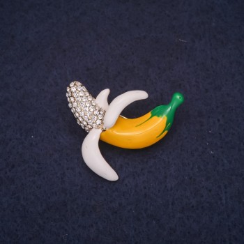 Banana Fruit Brooch 28x25 mm with Crystals and Enamel - White, Yellow, Green; Silver-Tone Metal