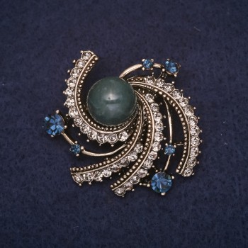 Accent Brooch with Apatite Stone, Rhinestones, White and Blue, Gold Metal