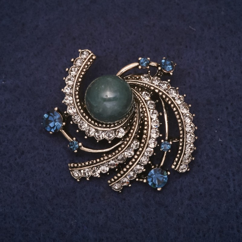 Accent Brooch with Apatite Stone, Rhinestones, White and Blue, Gold Metal