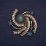 Accent Brooch with Apatite Stone, Rhinestones, White and Blue, Gold Metal