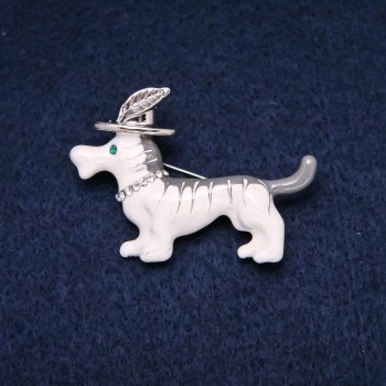 Brooch Dachshund in a Hat, Silver-Tone Metal, Enamel, and Crystals, 33x47 mm +
