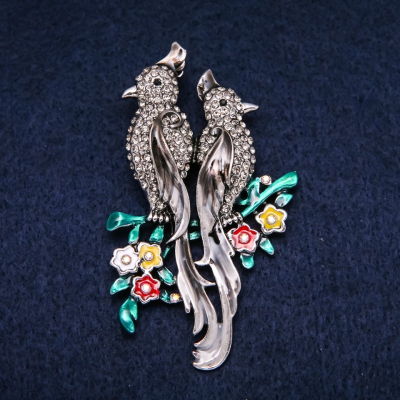 Parrots Brooch with enamel and gray rhinestones 42×67 mm