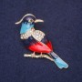 Brooch 'Ibis Bird' with rhinestones, colors light blue, blue, red and white, 45x25 mm, gold-tone metal