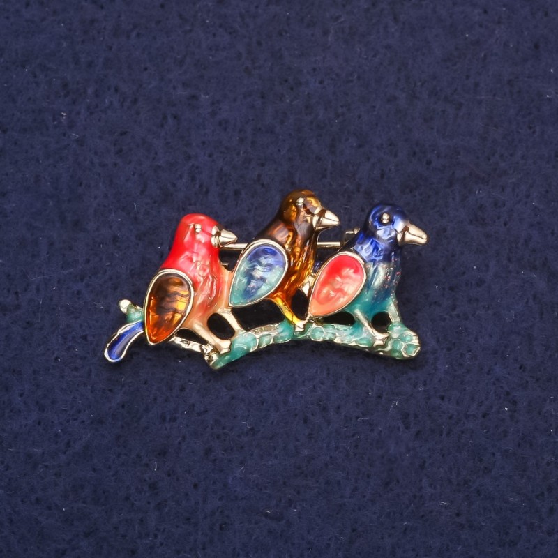 Brooch Birds on a Branch with Enamel – colors red, light blue, blue, brown; 33×17 mm; gold-toned metal