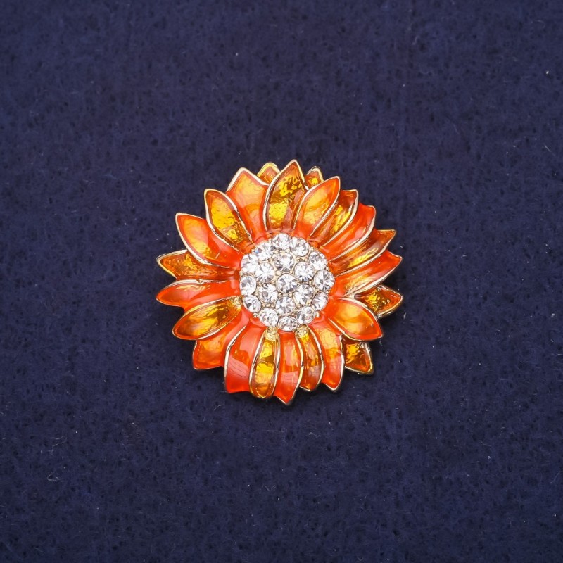 Brooch Flower with Crystals, Enamel, Orange Color, 29mm, Gold-Tone Metal