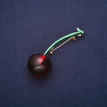 Brooch 'Cherry' enamel glass color green and red 61x21 mm gold-tone metal
