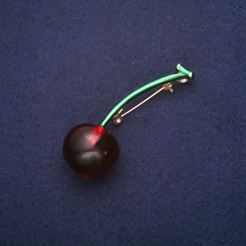 Brooch 'Cherry' enamel glass color green and red 61x21 mm gold-tone metal