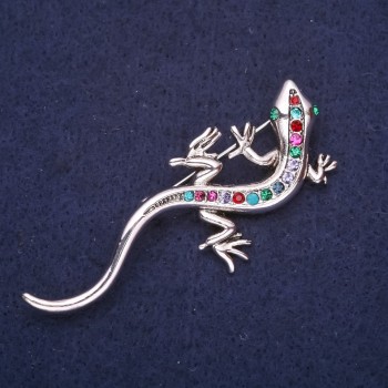 Lizard Brooch with Crystals Turquoise, Raspberry, and Green Colors, 64x26 mm, Yellow Metal