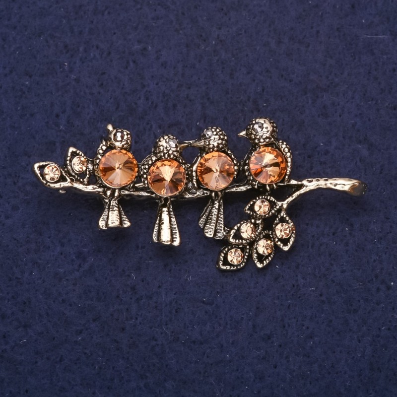 Birds on a Branch Brooch with Champagne-Colored Crystals, 55×25 mm, Gold-Tone Metal