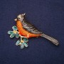 Brooch 'Bird on a Branch' enamel orange green black 69x48 mm gold-tone metal