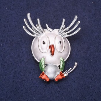 Owl Brooch 'Good Morning' enamel and crystals, color gray, white, brown, and green, 47×38 mm, silver-colored metal
