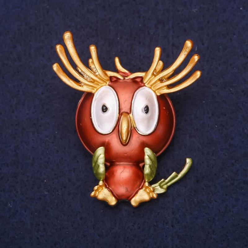 Brooch Owl 'Good Morning' enamel, crystals, color yellow, brown, green, white, 47×38 mm, golden metal