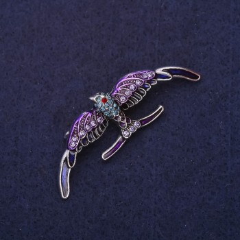 Swallow Brooch with Enamel and Crystals, Purple, Blue, Light Blue, 54×18 mm, Silver Metal