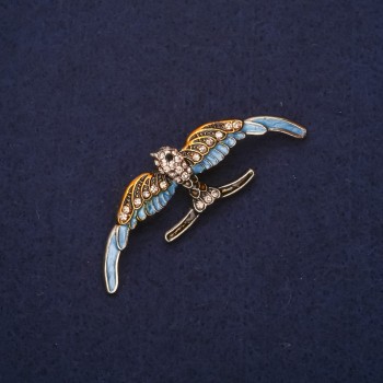 Swallow Brooch with enamel and crystals, yellow and blue, 54×18mm, gold-tone metal