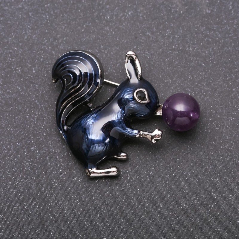 Brooch 'Squirrel with Amethyst' enamel in blue color, silver-colored metal 35×40 mm
