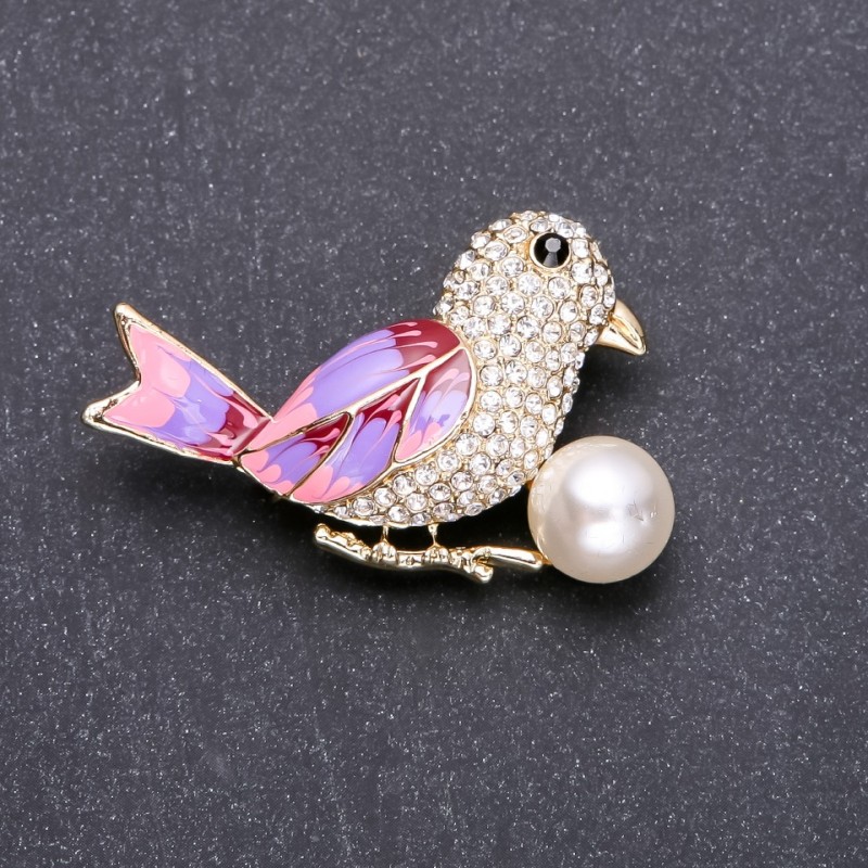 Brooch 'Bird' lilac and pink enamel, 48x32 mm, yellow metal