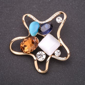 Brooch 'Sea Star' with multicolored crystals, 55x55 mm, yellow metal