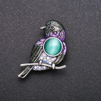 Brooch 'Bird' with Lilac Crystals, Chameleon Effect, Gray Metal, 40×25 mm